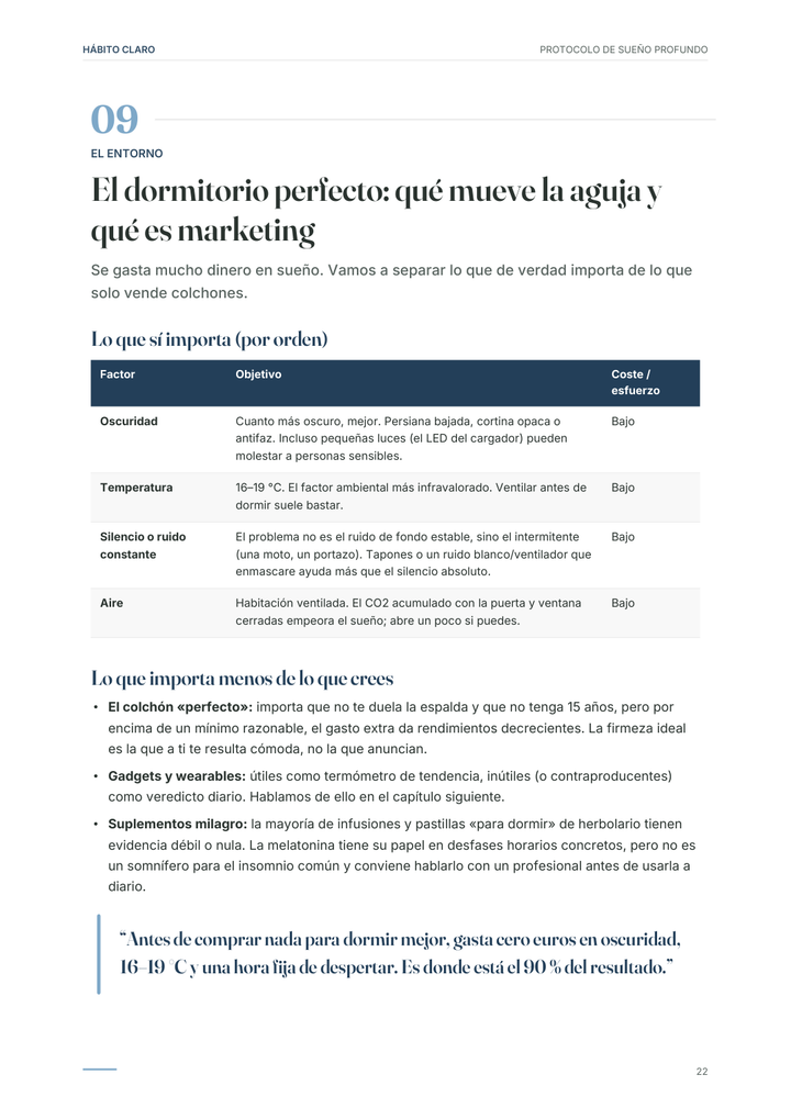 Protocolo de Sueño Profundo — qué mueve la aguja en tu dormitorio